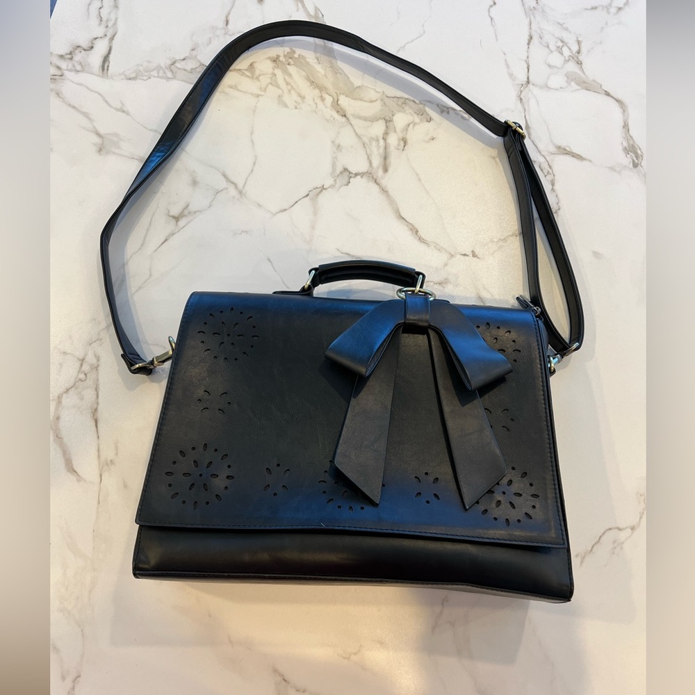 Black vegan leather briefcase bag with bow
